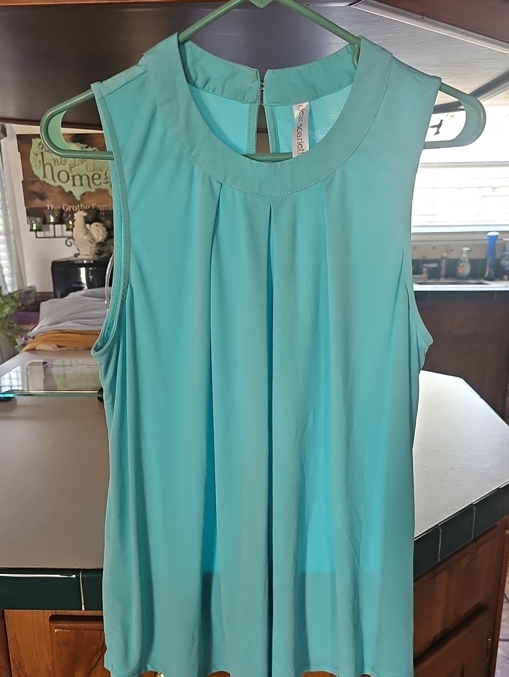Sleeveless Pleat-Front Aqua Blouse